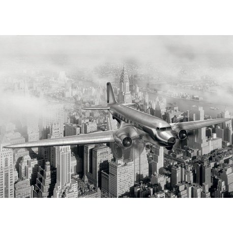 Avión Volando sobre el Nueva York Años 50